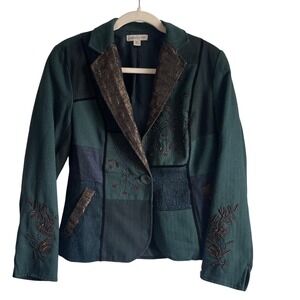 Coldwater Creek Beaded‎ Patchwork Blazer Jacket Green Brown Metallic Trim Sz 6